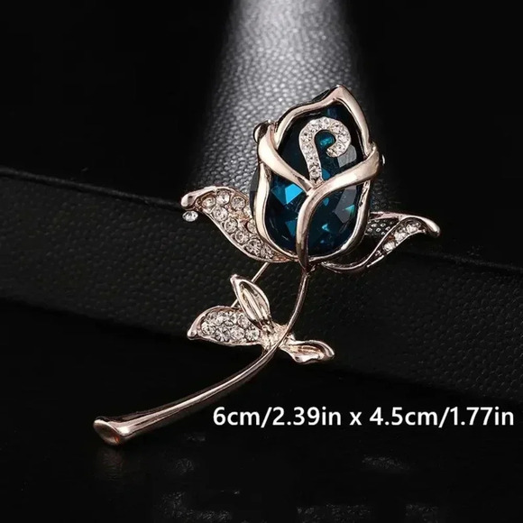 Blue Tulip Flower Pin Crystal Goldtoned Floral Brooch with Sparkly Rhinestones - Picture 2 of 2